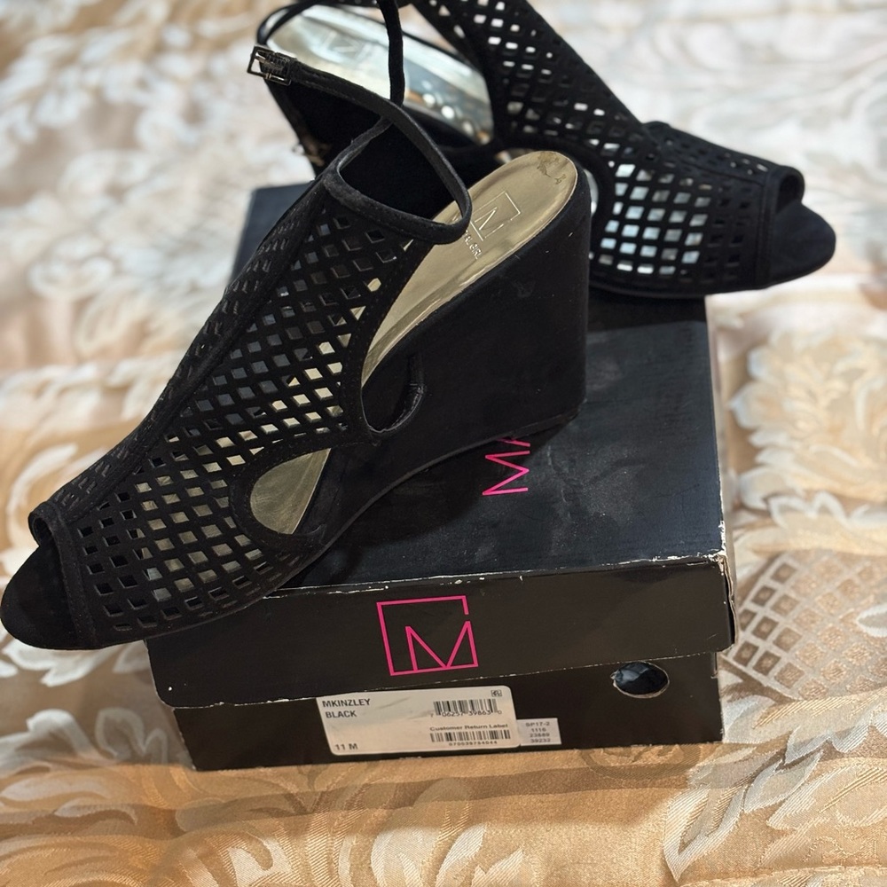 Material Girl Black Wedge Shoes with Perforated Design